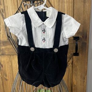 Vintage baby boy  fancy velvet romper short and tuxedo shirt set witn penguin.